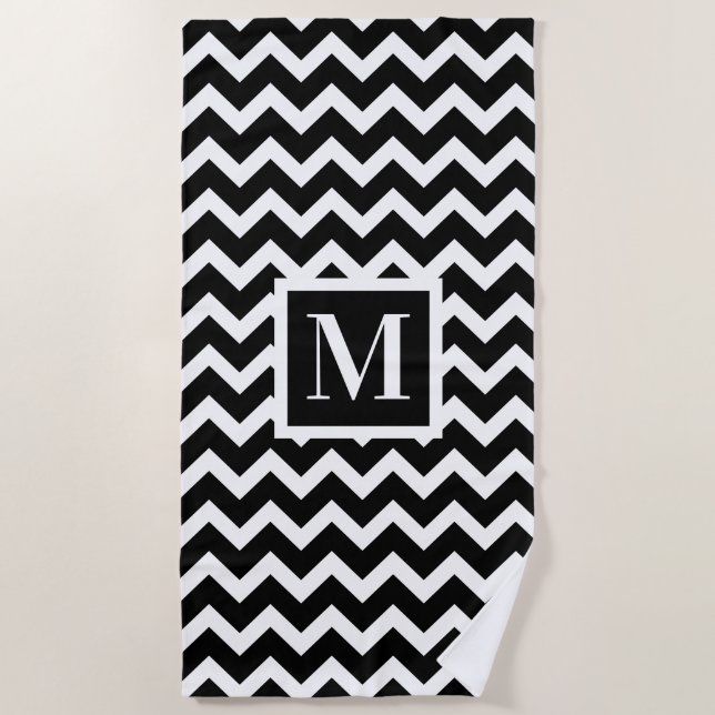 Black and White Modern Elegant Chevron Monogram Beach Towel (Front)