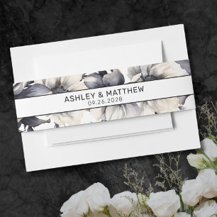 Black And White Modern Elegant Floral Wedding Invitation Belly Band