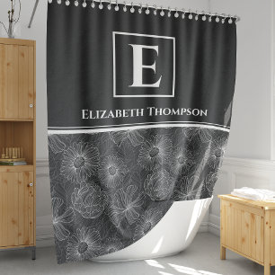 Black and White Modern Farmhouse Monogram Floral Shower Curtain