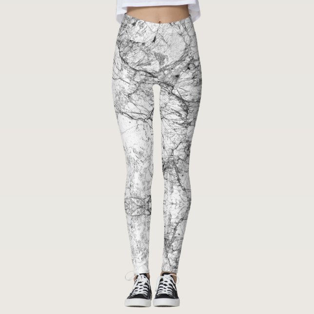 Black and White Modern Faux Marble Pattern Leggings (Front)