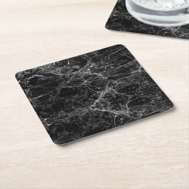 Black and White Modern Faux Marble Pattern Square Paper Coaster (Angled)