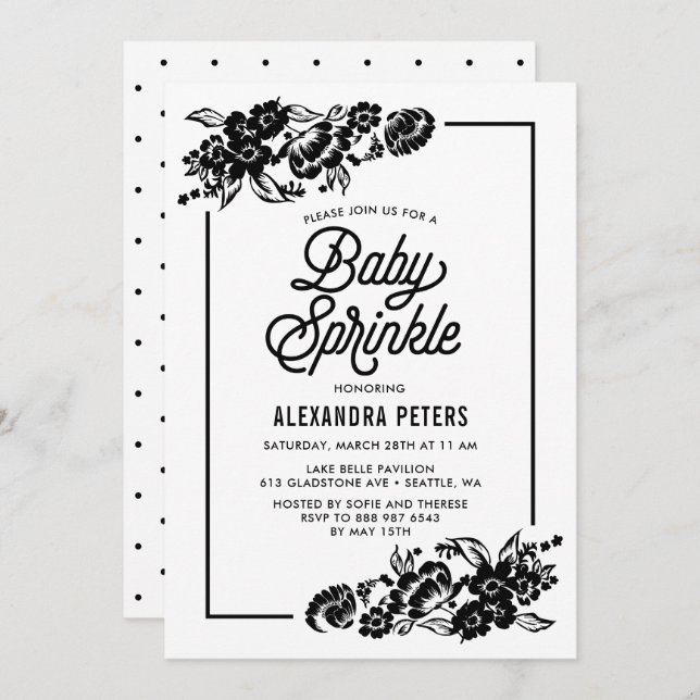 Black and White Modern Floral Accent Baby Sprinkle Invitation (Front/Back)