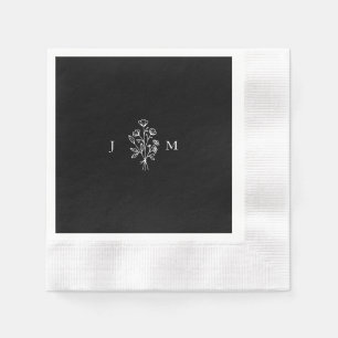 Black and White Modern Floral Bouquet Wedding Napkin