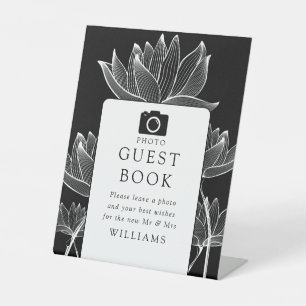 Black And White Modern Floral Photo Guest Book Pedestal Sign