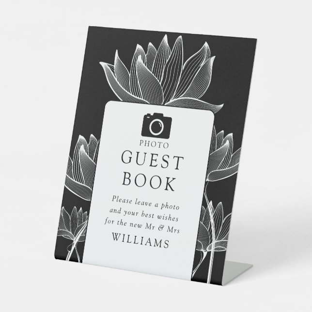 Black And White Modern Floral Photo Guest Book Pedestal Sign (Front)