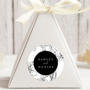 Black and White Modern Floral Wedding Favour Classic Round Sticker
