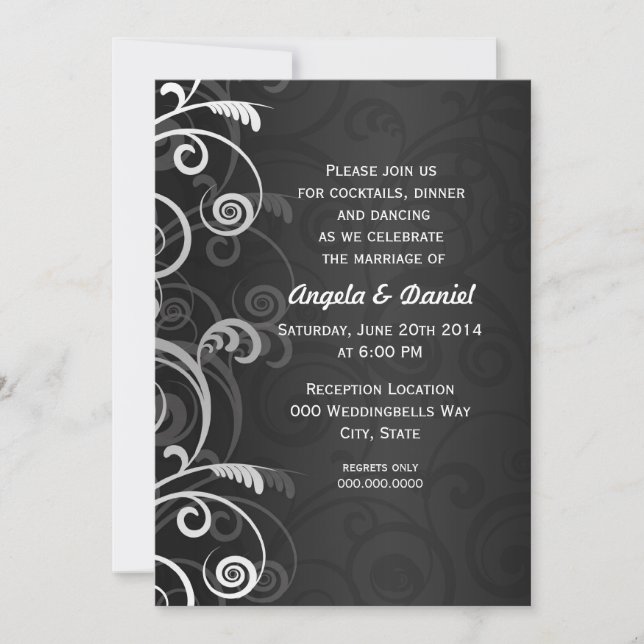 Black and White Modern Floral Wedding Reception Invitation (Front)