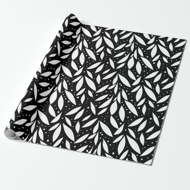 Black and White Modern Foliage Wrapping Paper (Unrolled)