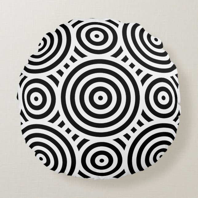 Black and White Modern Geometric Circle Pattern Round Cushion (Front)