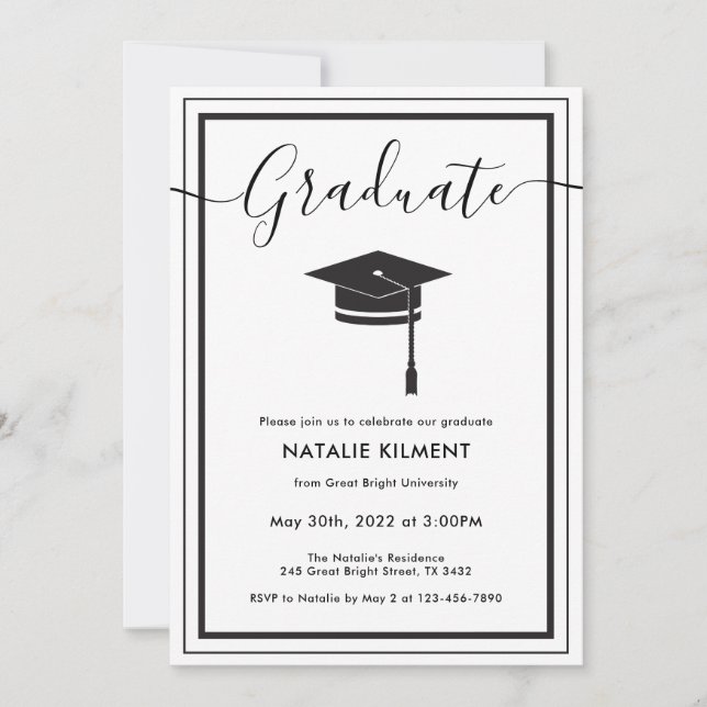 Black and White Modern Graduate Cap Graduation Invitation (Front)