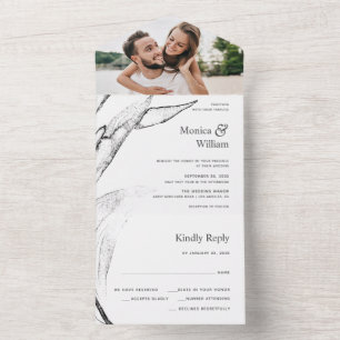 Black and white modern graphic leafage wedding all in one invitation