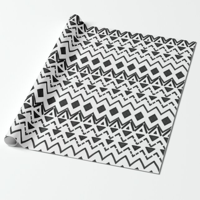 Black and White Modern Hand Drawn Tribal Aztec Wrapping Paper (Unrolled)