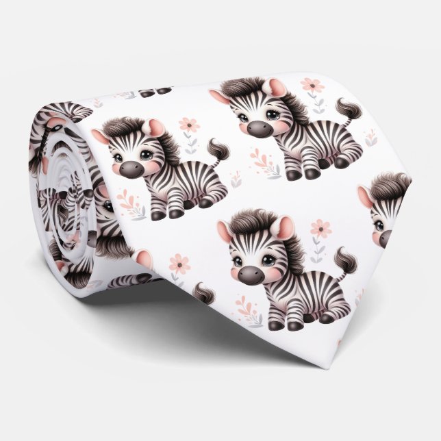 Black and White Modern Kawaii Cute Zebras Tie (Rolled)