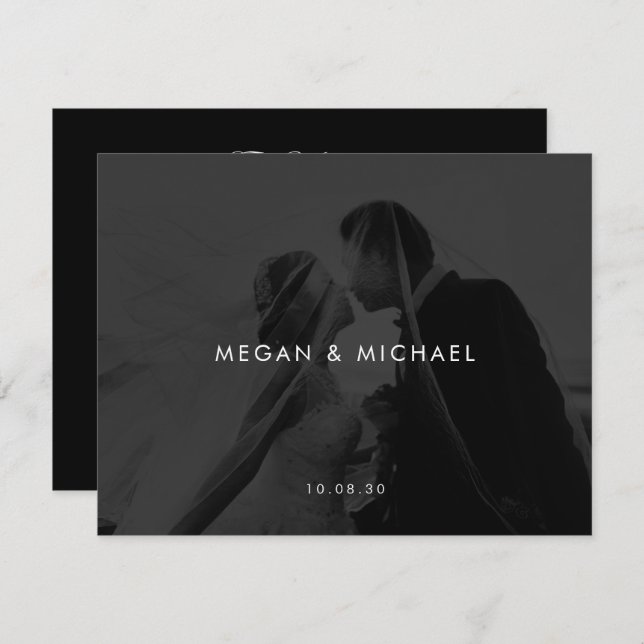 Black and white modern minimalist photo wedding invitation (Front/Back)