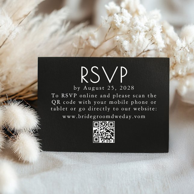Black and White Modern Minimalist Wedding QR RSVP Enclosure Card (Modern Black RSVP Cards with QR code to scan)