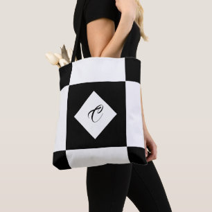 Black and White Modern Monogram Chequered Tote Bag