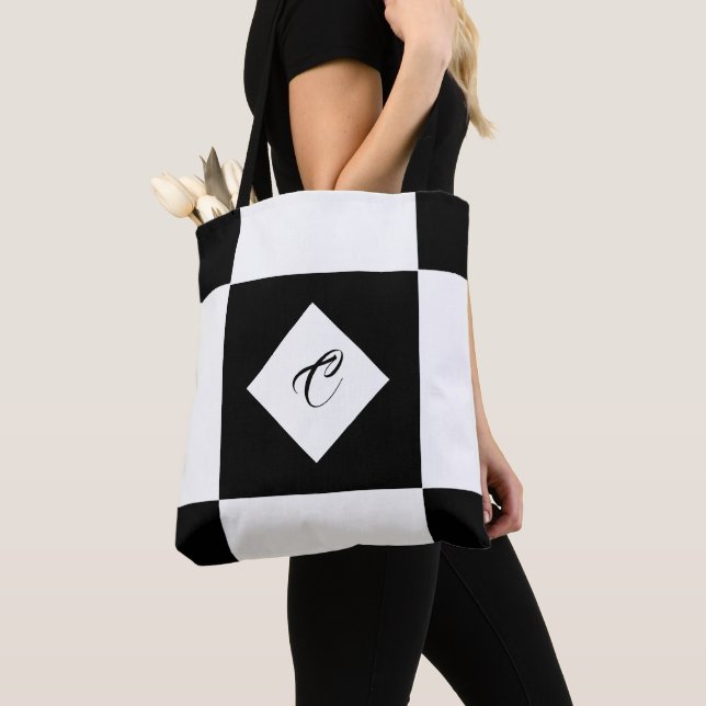 Black and White Modern Monogram Chequered Tote Bag (Close Up)