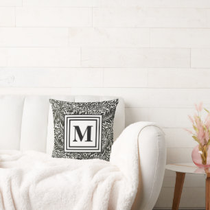 Black and White Modern Monogram Foilage Pattern Cushion