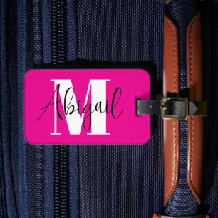 Black and White Modern Monogram Hot Pink Luggage Tag