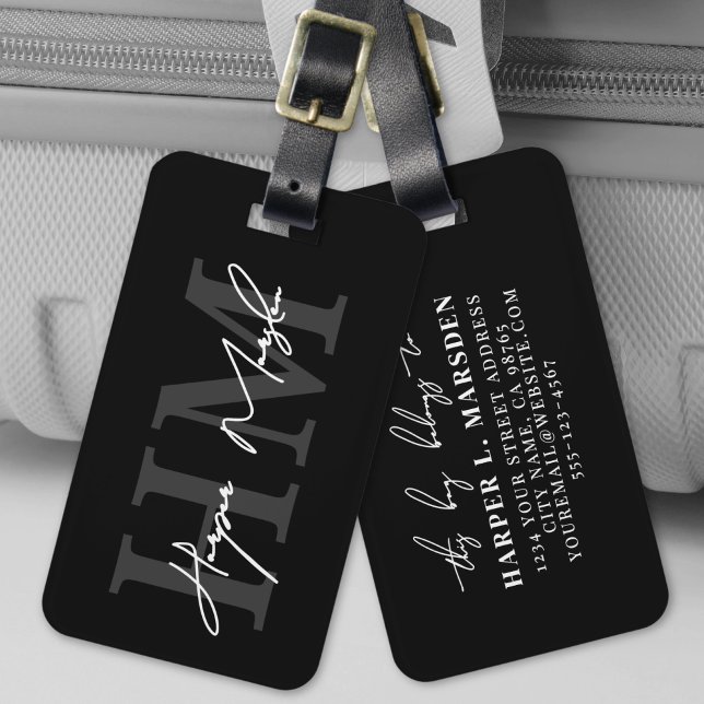 Black And White Modern Monogram Luggage Tag (Black White Elegant Monogram Name Luggage Tag)