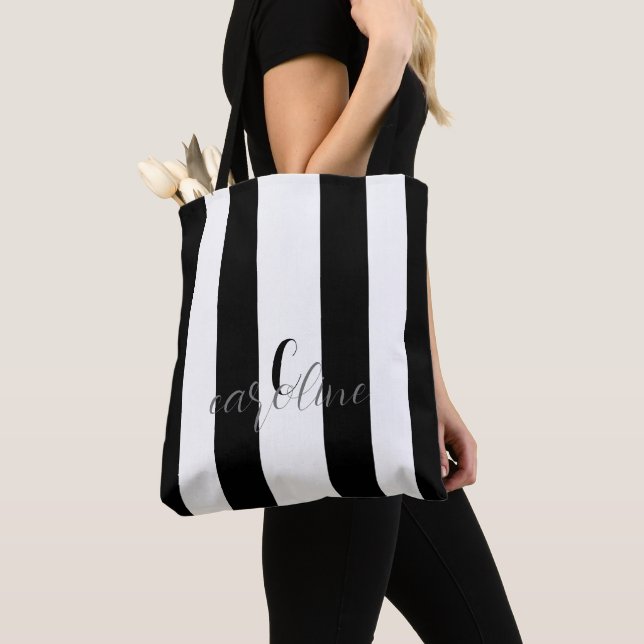 Black and White Modern Monogram Striped Tote Bag (Close Up)