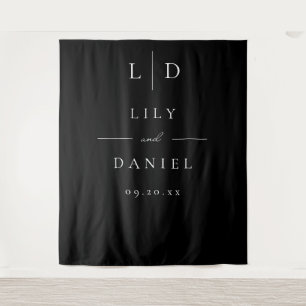 Black and White Modern Monogram Wedding Backdrop Tapestry