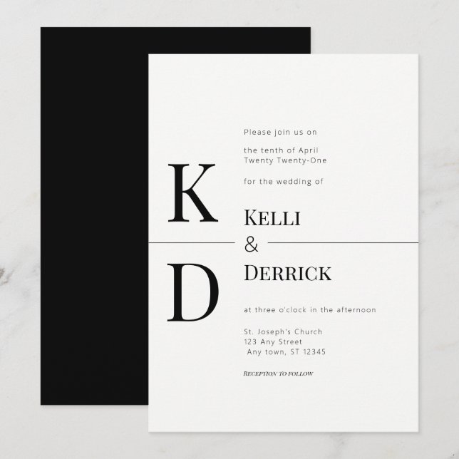 Black and White Modern Monogram Wedding Invitation (Front/Back)