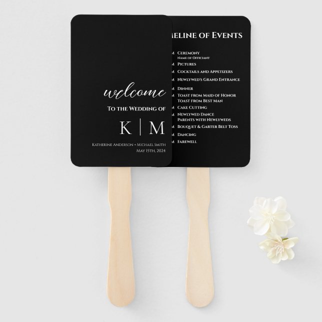 Black and White-Modern- Monogram-Wedding Program- Hand Fan (Front and Back)