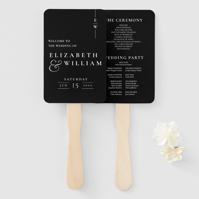 Black And White Modern Monogram Wedding Program Hand Fan (Front and Back)
