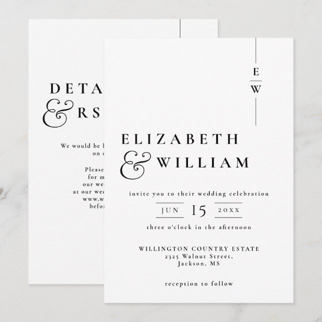 Black And White Modern Monogram Wedding QR Code Invitation (Front/Back)
