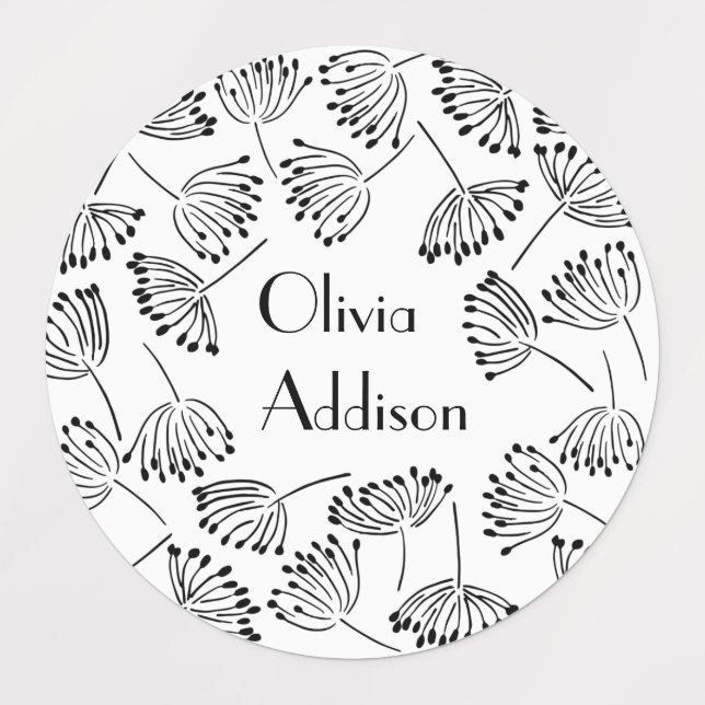 Black and White Modern Name Floral Dandelion  (Design 3)