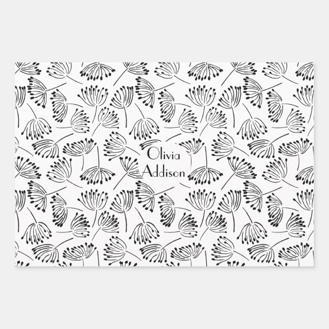 Black and White Modern Name Floral Dandelion  Wrapping Paper Sheet (Front)
