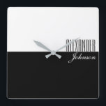 Black and White Modern Name Monogram Square Wall Clock<br><div class="desc">Minimal,  typography,  modern black and white wall clock,  with sophisticated name at the corner.</div>