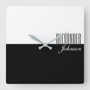 Black and White Modern Name Monogram Square Wall Clock