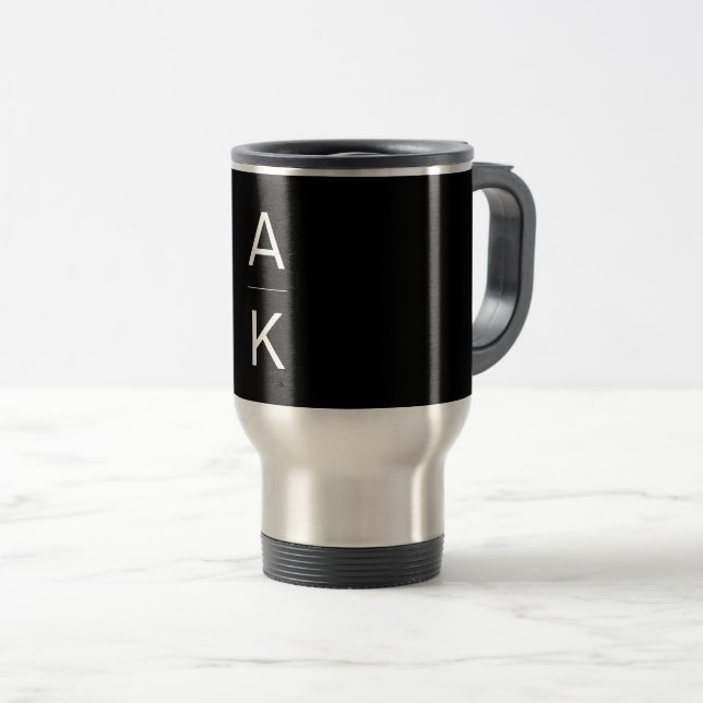 Black and white modern personalised monogram travel mug (Front Right)