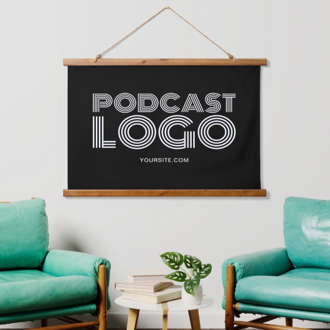 Black and White Modern Podcast Logo Hanging Tapestry (Living Room)