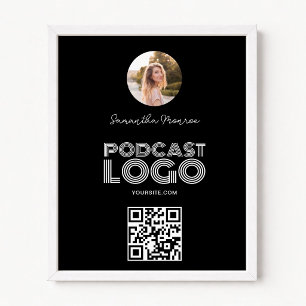 Black and White Modern Podcast Logo QR Code Poster