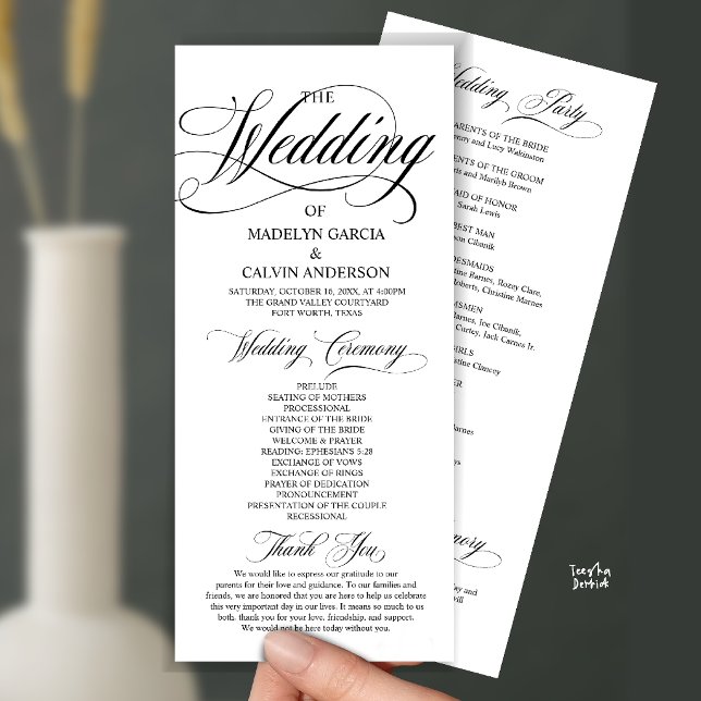 Black and White Modern Script All In One Wedding Programme (Modern Script All In One Wedding Program Card in Black and White)