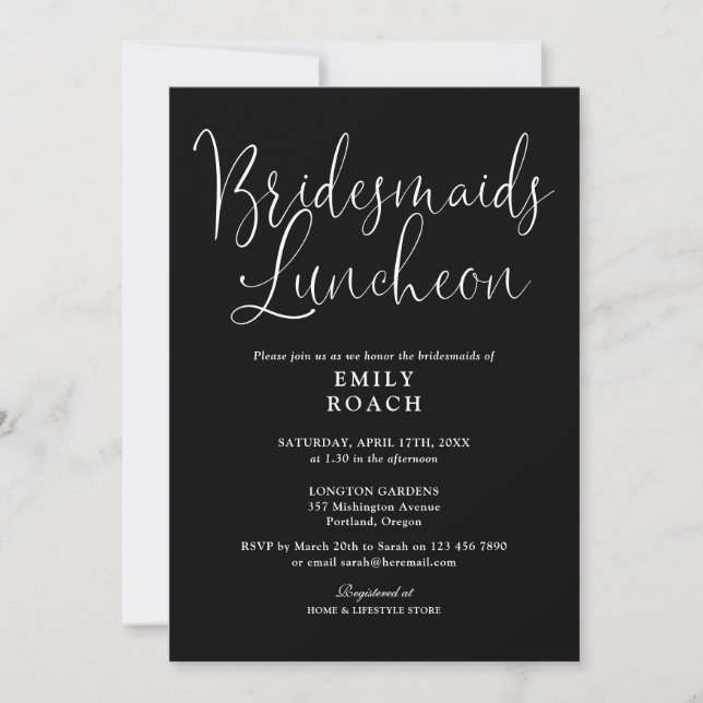 Black And White Modern Script Bridesmaids Luncheon Invitation (Front)