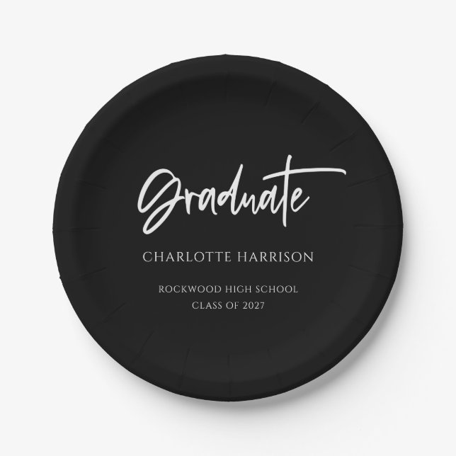Black and White Modern Script Graduation Party Paper Plate (Front)