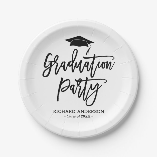 Black and White Modern Script Graduation Party Paper Plate (Front)