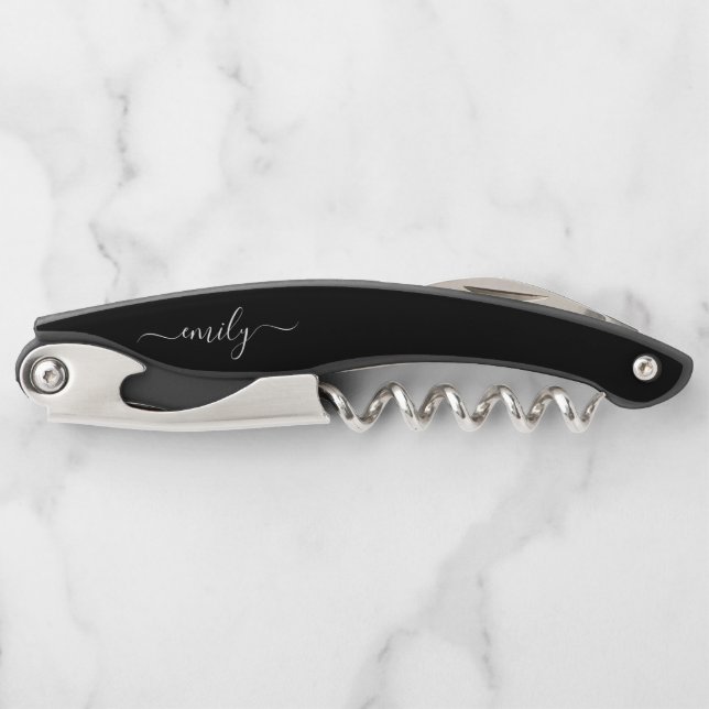 Black and White Modern Script Monogram Name Corkscrew (Front)