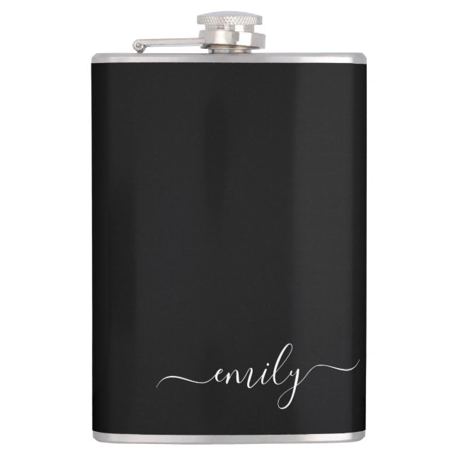 Black and White Modern Script Monogram Name Hip Flask (Front)