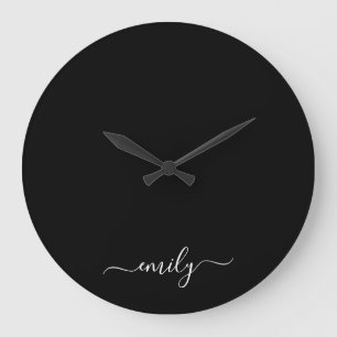 Black and White Modern Script Monogram Name Large Clock