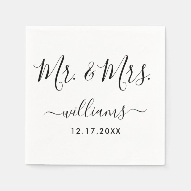 Black and White Modern Script Mr. and Mrs. Wedding Napkin (Front)