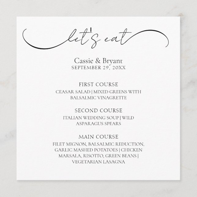 Black and White Modern Script Wedding Menu (Front)