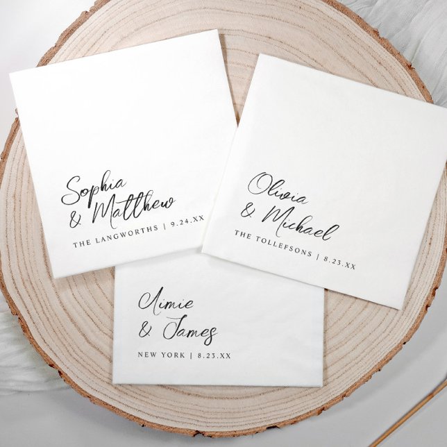 Black and White Modern Trendy Handwritten Wedding Napkin (Modern black and white wedding napkins with handwritten script names and date in lower corner.)