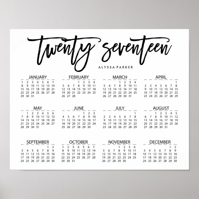 Black and White Modern Typography 2017 Calendar Poster (Front)