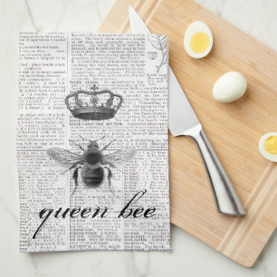Black and White Modern Vintage Queen Bee 🐝 Tea Towel