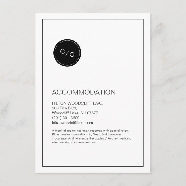 Black and white modern wedding accommodation card (Front)